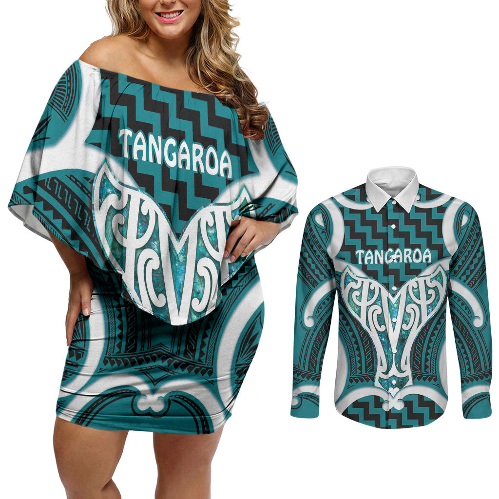 Aotearoa Atua Tangaroa Personalised Couples Matching Off Shoulder Short Dress and Long Sleeve Button Shirt God Of The Sea Maori Whale Tail Cyan