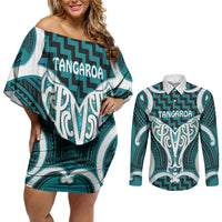 Aotearoa Atua Tangaroa Personalised Couples Matching Off Shoulder Short Dress and Long Sleeve Button Shirt God Of The Sea Maori Whale Tail Cyan