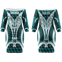 Aotearoa Atua Tangaroa Personalised Couples Matching Off The Shoulder Long Sleeve Dress and Long Sleeve Button Shirt God Of The Sea Maori Whale Tail Cyan