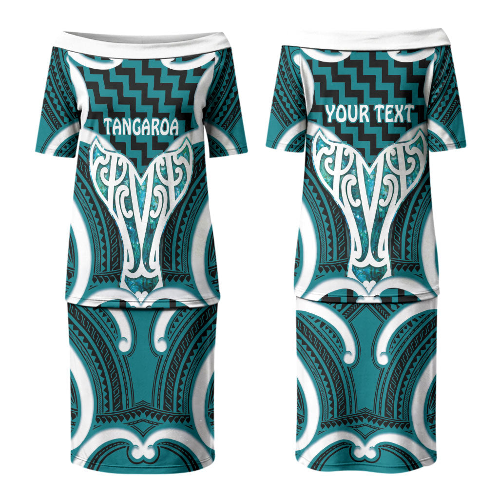 Aotearoa Atua Tangaroa Personalised Couples Matching Puletasi and Hawaiian Shirt God Of The Sea Maori Whale Tail Cyan