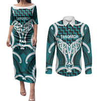 Aotearoa Atua Tangaroa Personalised Couples Matching Puletasi and Long Sleeve Button Shirt God Of The Sea Maori Whale Tail Cyan