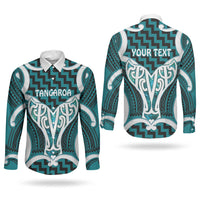 Aotearoa Atua Tangaroa Personalised Couples Matching Puletasi and Long Sleeve Button Shirt God Of The Sea Maori Whale Tail Cyan