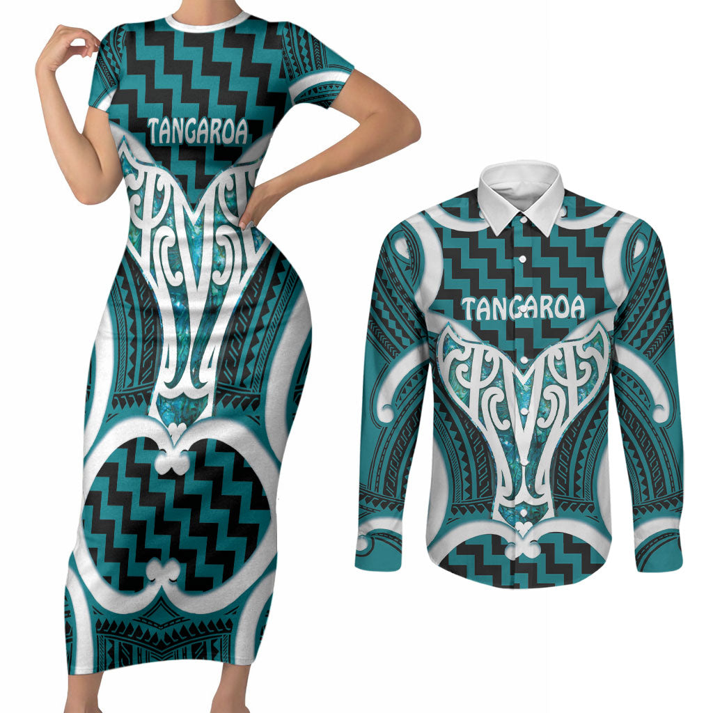 Aotearoa Atua Tangaroa Personalised Couples Matching Short Sleeve Bodycon Dress and Long Sleeve Button Shirt God Of The Sea Maori Whale Tail Cyan