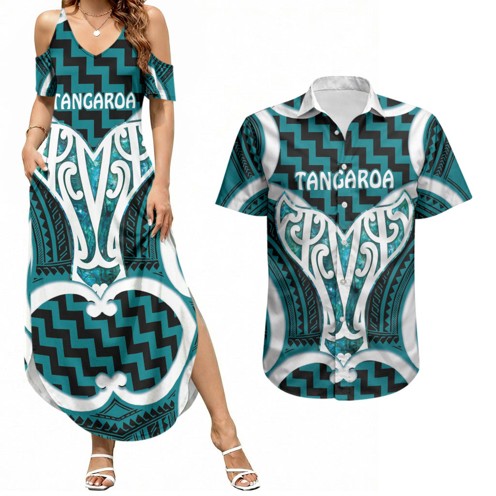 Aotearoa Atua Tangaroa Personalised Couples Matching Summer Maxi Dress and Hawaiian Shirt God Of The Sea Maori Whale Tail Cyan