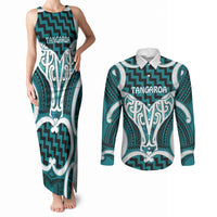 Aotearoa Atua Tangaroa Personalised Couples Matching Tank Maxi Dress and Long Sleeve Button Shirt God Of The Sea Maori Whale Tail Cyan