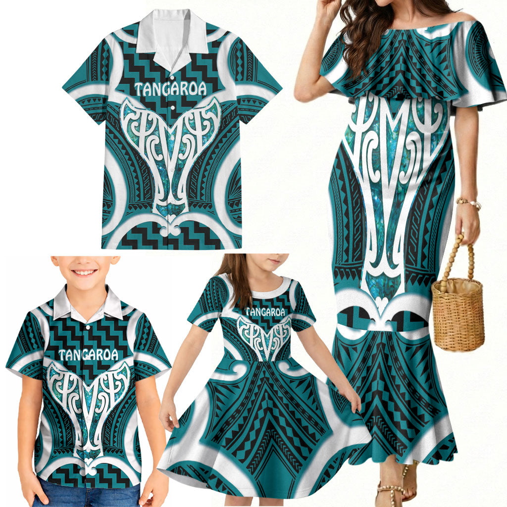 Aotearoa Atua Tangaroa Personalised Family Matching Mermaid Dress and Hawaiian Shirt God Of The Sea Maori Whale Tail Cyan