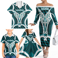 Aotearoa Atua Tangaroa Personalised Family Matching Off The Shoulder Long Sleeve Dress and Hawaiian Shirt God Of The Sea Maori Whale Tail Cyan