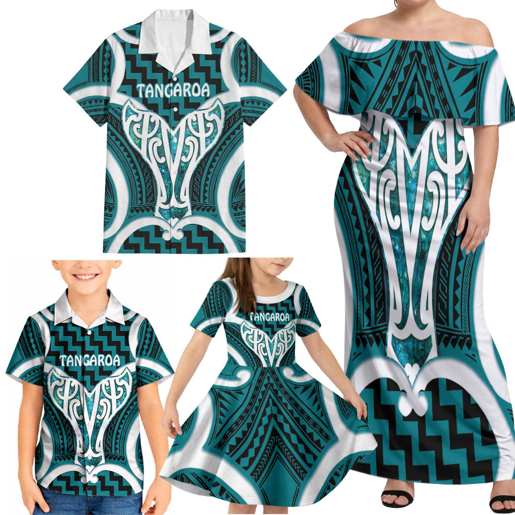 Aotearoa Atua Tangaroa Personalised Family Matching Off Shoulder Maxi Dress and Hawaiian Shirt God Of The Sea Maori Whale Tail Cyan