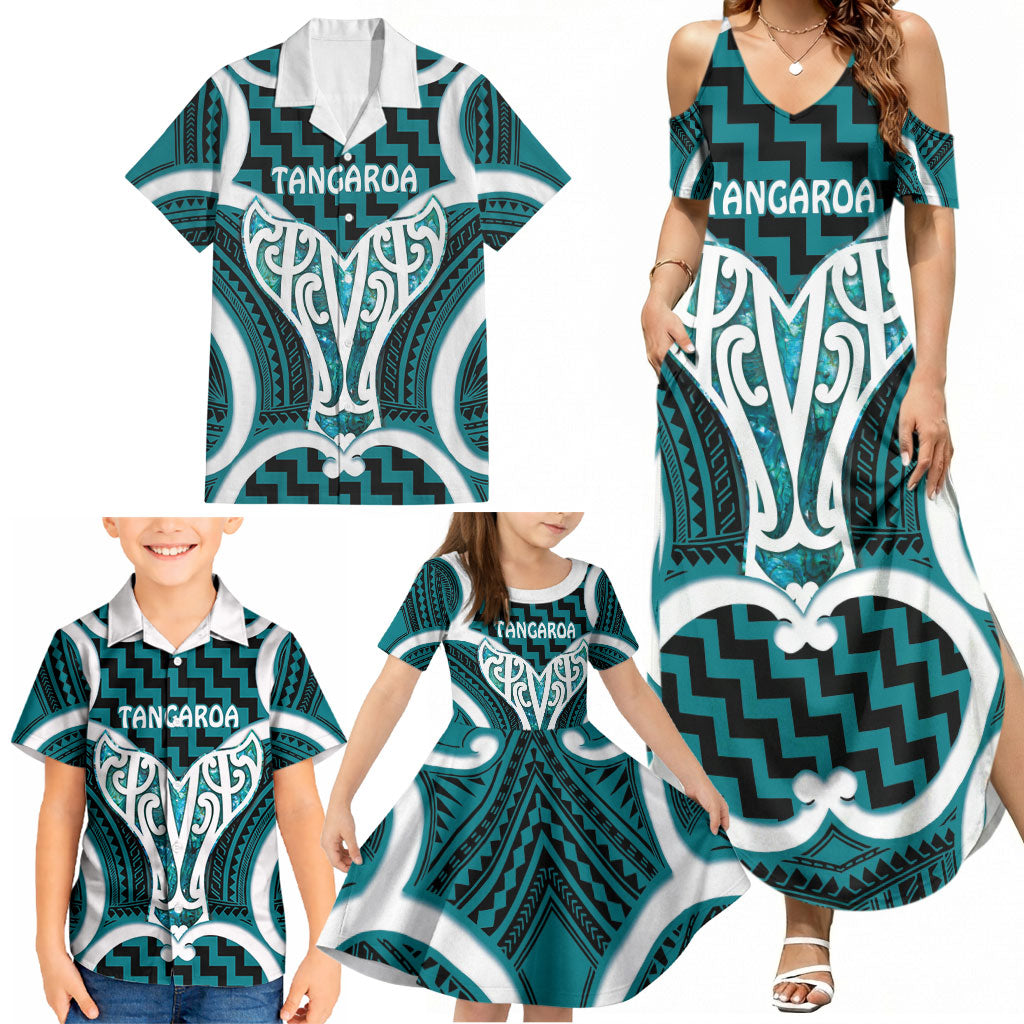 Aotearoa Atua Tangaroa Personalised Family Matching Summer Maxi Dress and Hawaiian Shirt God Of The Sea Maori Whale Tail Cyan