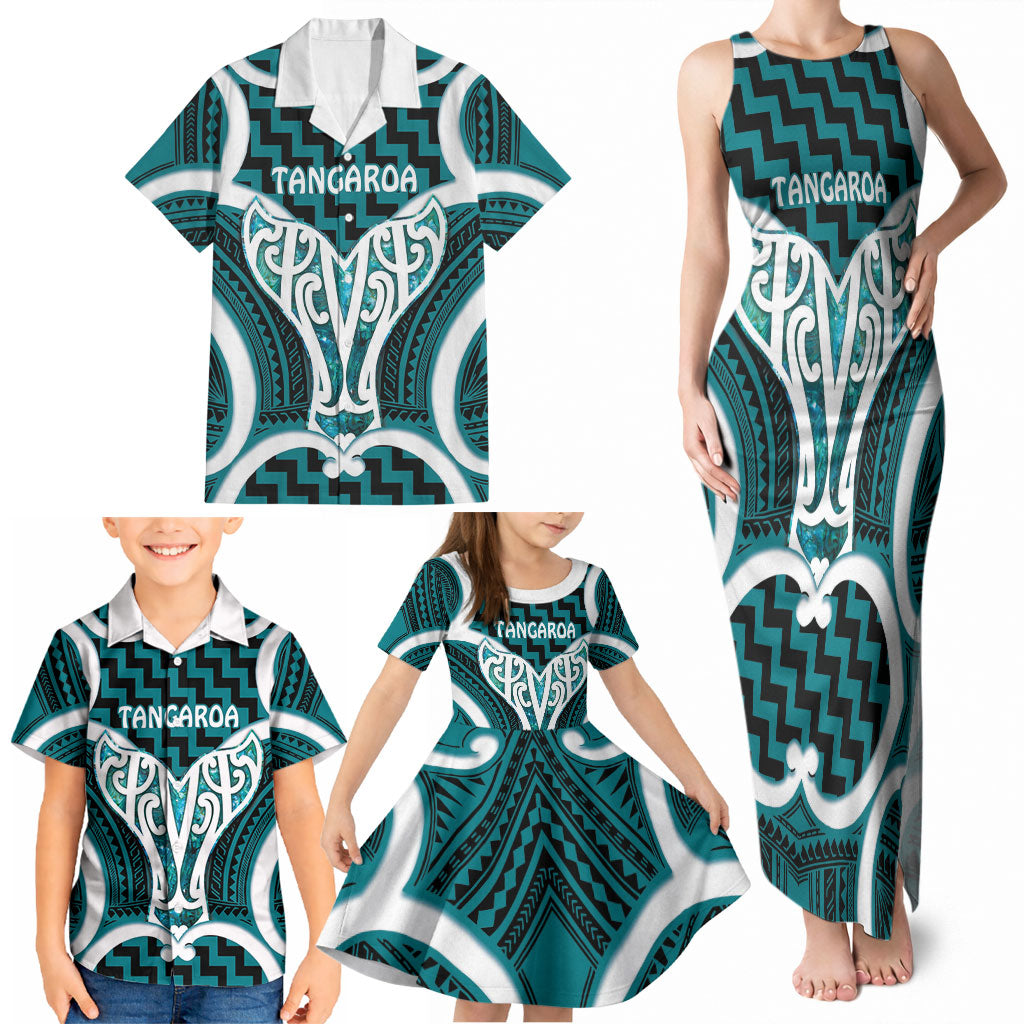 Aotearoa Atua Tangaroa Personalised Family Matching Tank Maxi Dress and Hawaiian Shirt God Of The Sea Maori Whale Tail Cyan
