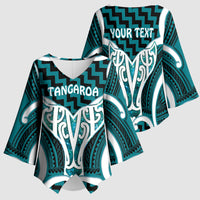 Aotearoa Atua Tangaroa Personalised Kimono Sleeve Blouse God Of The Sea Maori Whale Tail Cyan