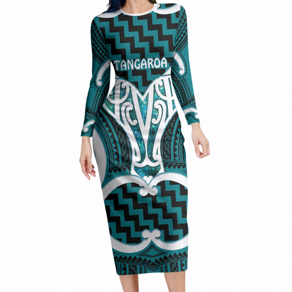 Aotearoa Atua Tangaroa Personalised Long Sleeve Bodycon Dress God Of The Sea Maori Whale Tail Cyan