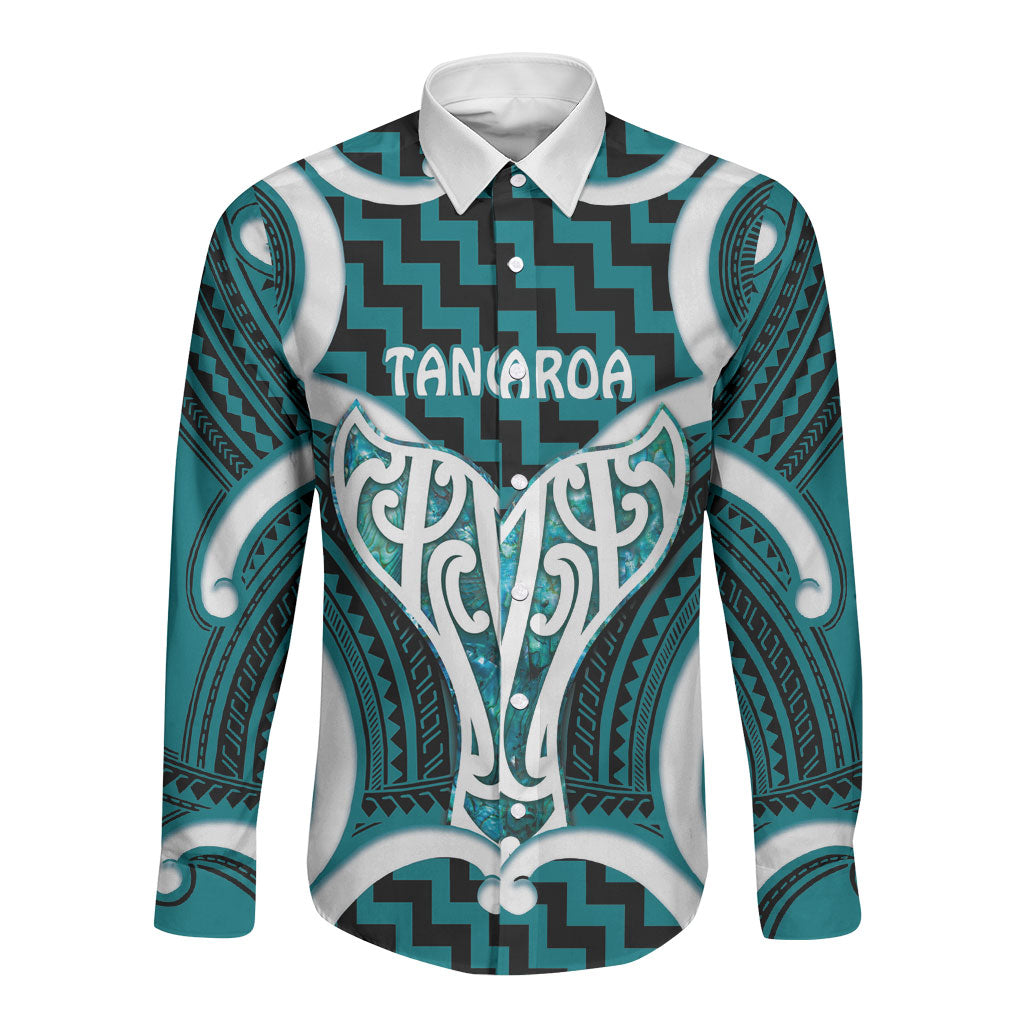 Aotearoa Atua Tangaroa Personalised Long Sleeve Button Shirt God Of The Sea Maori Whale Tail Cyan