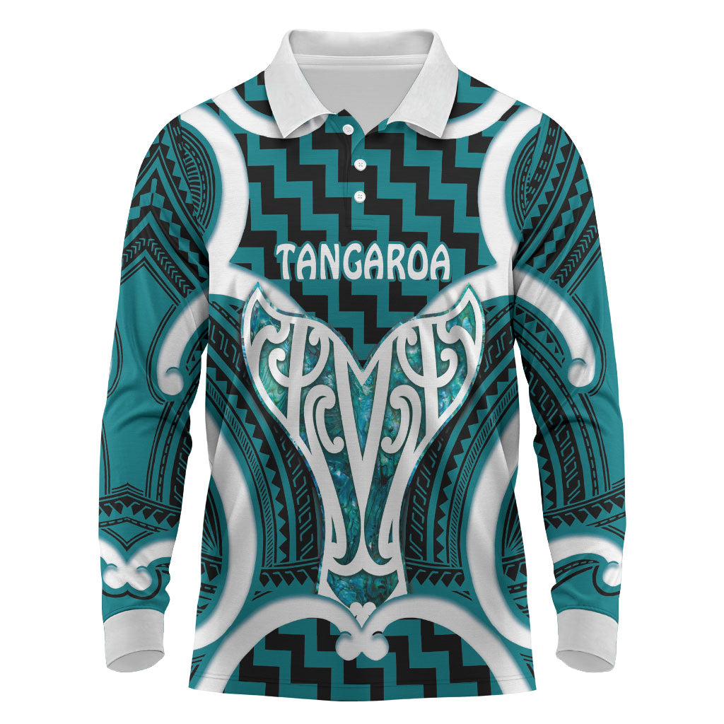 Aotearoa Atua Tangaroa Personalised Long Sleeve Polo Shirt God Of The Sea Maori Whale Tail Cyan