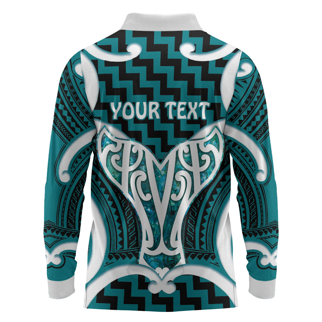 Aotearoa Atua Tangaroa Personalised Long Sleeve Polo Shirt God Of The Sea Maori Whale Tail Cyan