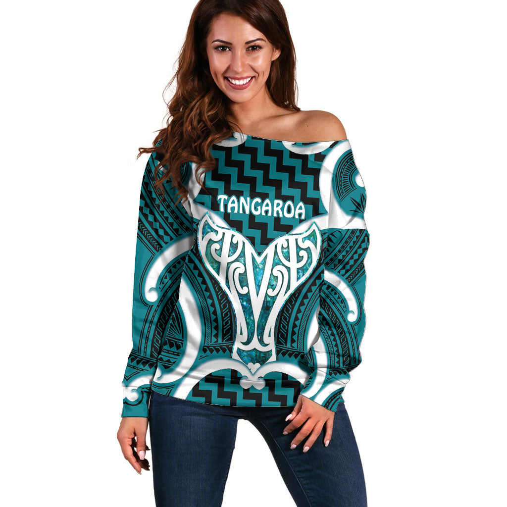 Aotearoa Atua Tangaroa Personalised Off Shoulder Sweater God Of The Sea Maori Whale Tail Cyan