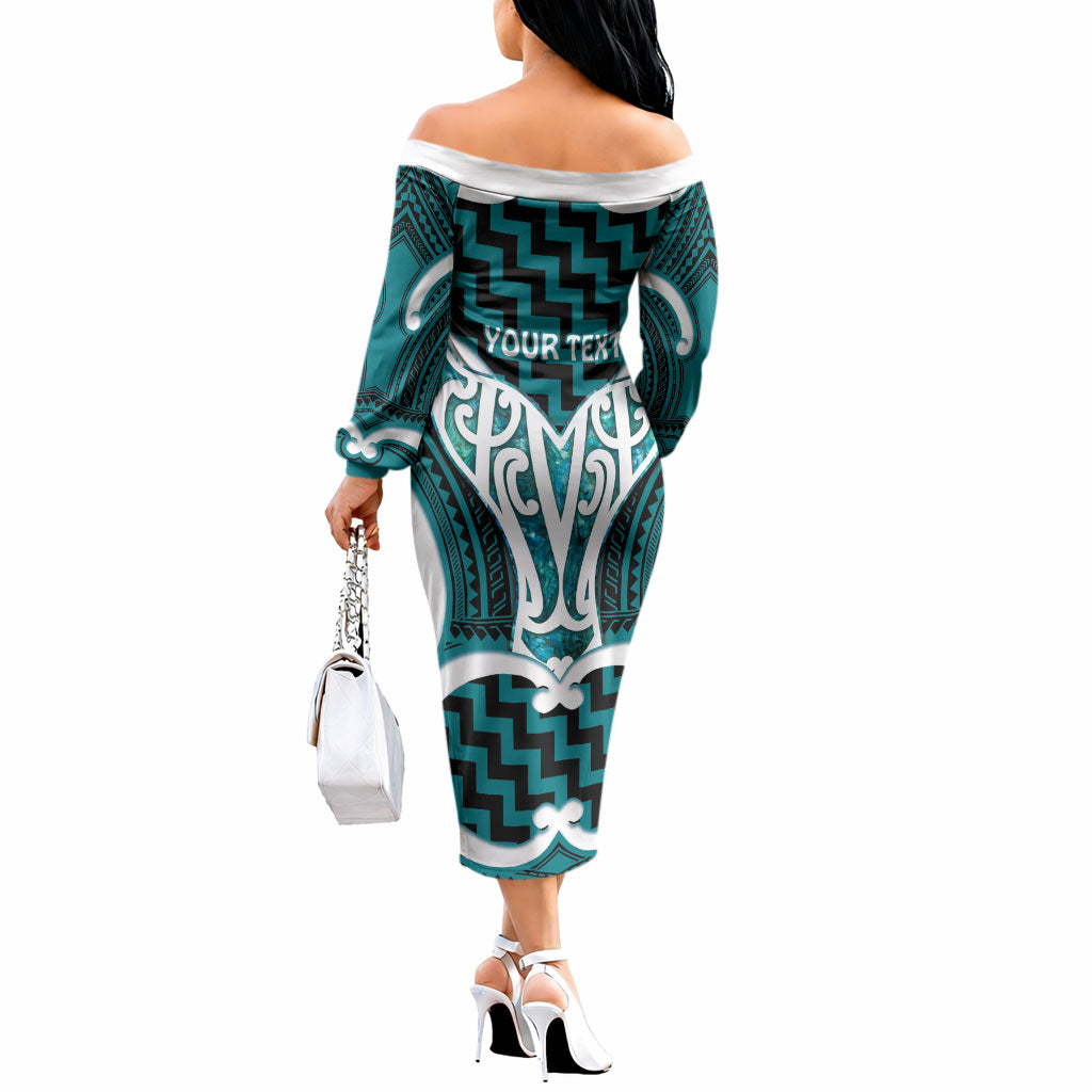 Aotearoa Atua Tangaroa Personalised Off The Shoulder Long Sleeve Dress God Of The Sea Maori Whale Tail Cyan
