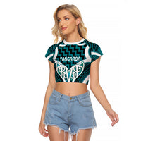 Aotearoa Atua Tangaroa Personalised Raglan Cropped T Shirt God Of The Sea Maori Whale Tail Cyan