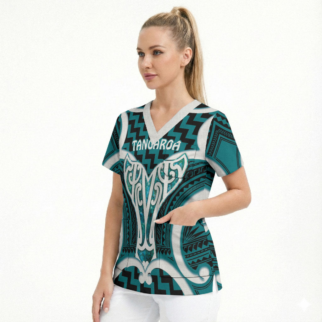 Aotearoa Atua Tangaroa Personalised Scrub Top God Of The Sea Maori Whale Tail Cyan