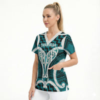Aotearoa Atua Tangaroa Personalised Scrub Top God Of The Sea Maori Whale Tail Cyan
