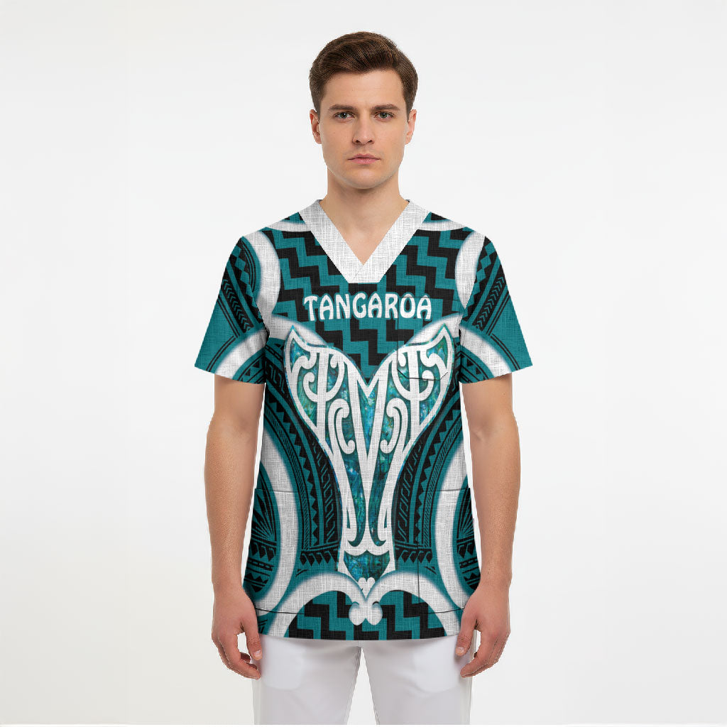 Aotearoa Atua Tangaroa Personalised Scrub Top God Of The Sea Maori Whale Tail Cyan