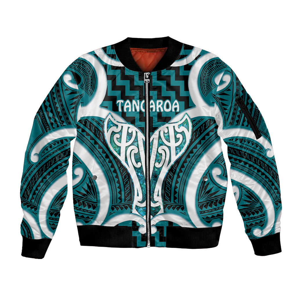 Aotearoa Atua Tangaroa Personalised Sleeve Zip Bomber Jacket God Of The Sea Maori Whale Tail Cyan