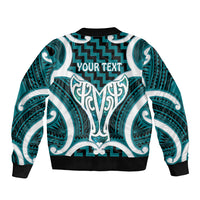 Aotearoa Atua Tangaroa Personalised Sleeve Zip Bomber Jacket God Of The Sea Maori Whale Tail Cyan