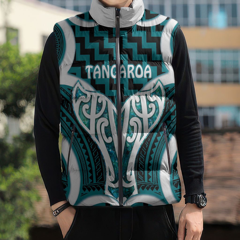 Aotearoa Atua Tangaroa Personalised Sleeveless Puffer Jacket God Of The Sea Maori Whale Tail Cyan
