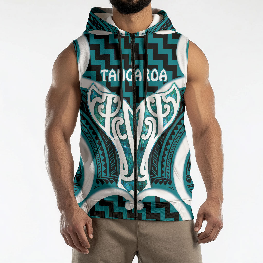 Aotearoa Atua Tangaroa Personalised Sleeveless Zip Hoodie God Of The Sea Maori Whale Tail Cyan