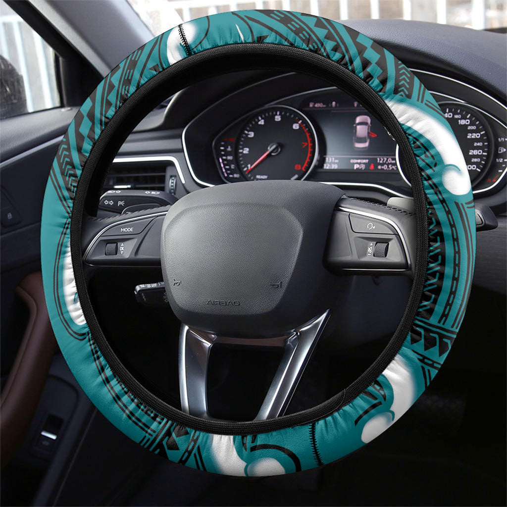 Aotearoa Atua Tangaroa Steering Wheel Cover God Of The Sea Maori Whale Tail Cyan