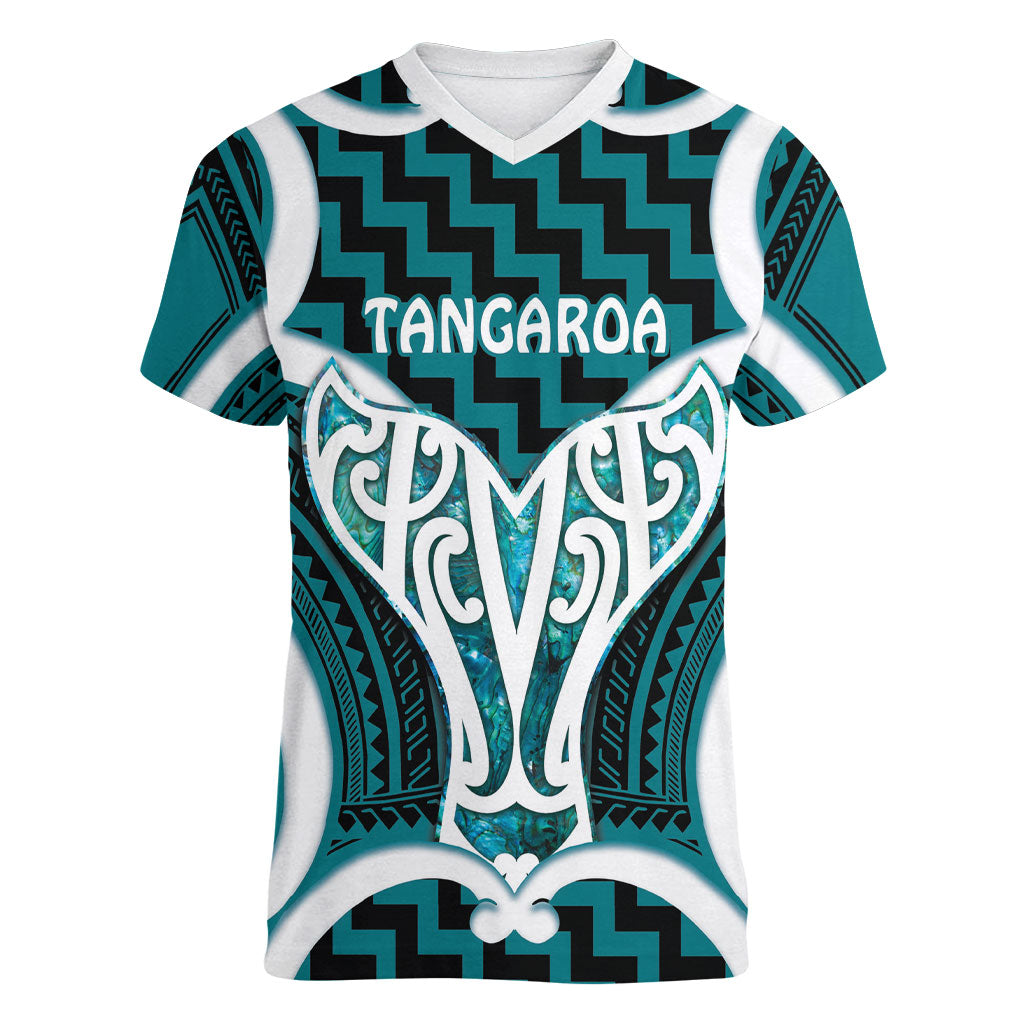 Aotearoa Atua Tangaroa Personalised Women V-Neck T-Shirt God Of The Sea Maori Whale Tail Cyan
