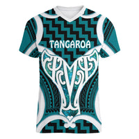 Aotearoa Atua Tangaroa Personalised Women V-Neck T-Shirt God Of The Sea Maori Whale Tail Cyan
