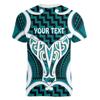 Aotearoa Atua Tangaroa Personalised Women V-Neck T-Shirt God Of The Sea Maori Whale Tail Cyan