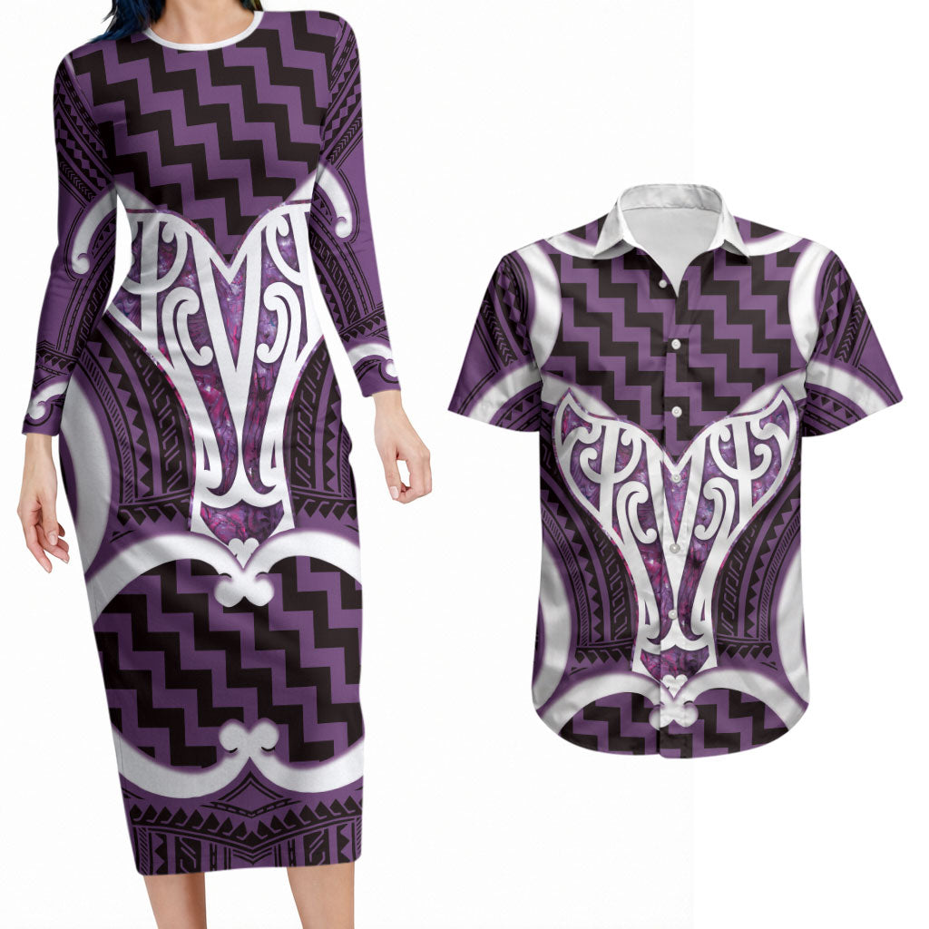 Aotearoa Atua Tangaroa Personalised Couples Matching Long Sleeve Bodycon Dress and Hawaiian Shirt God Of The Sea Maori Whale Tail Purple