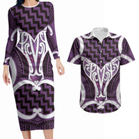 Aotearoa Atua Tangaroa Personalised Couples Matching Long Sleeve Bodycon Dress and Hawaiian Shirt God Of The Sea Maori Whale Tail Purple