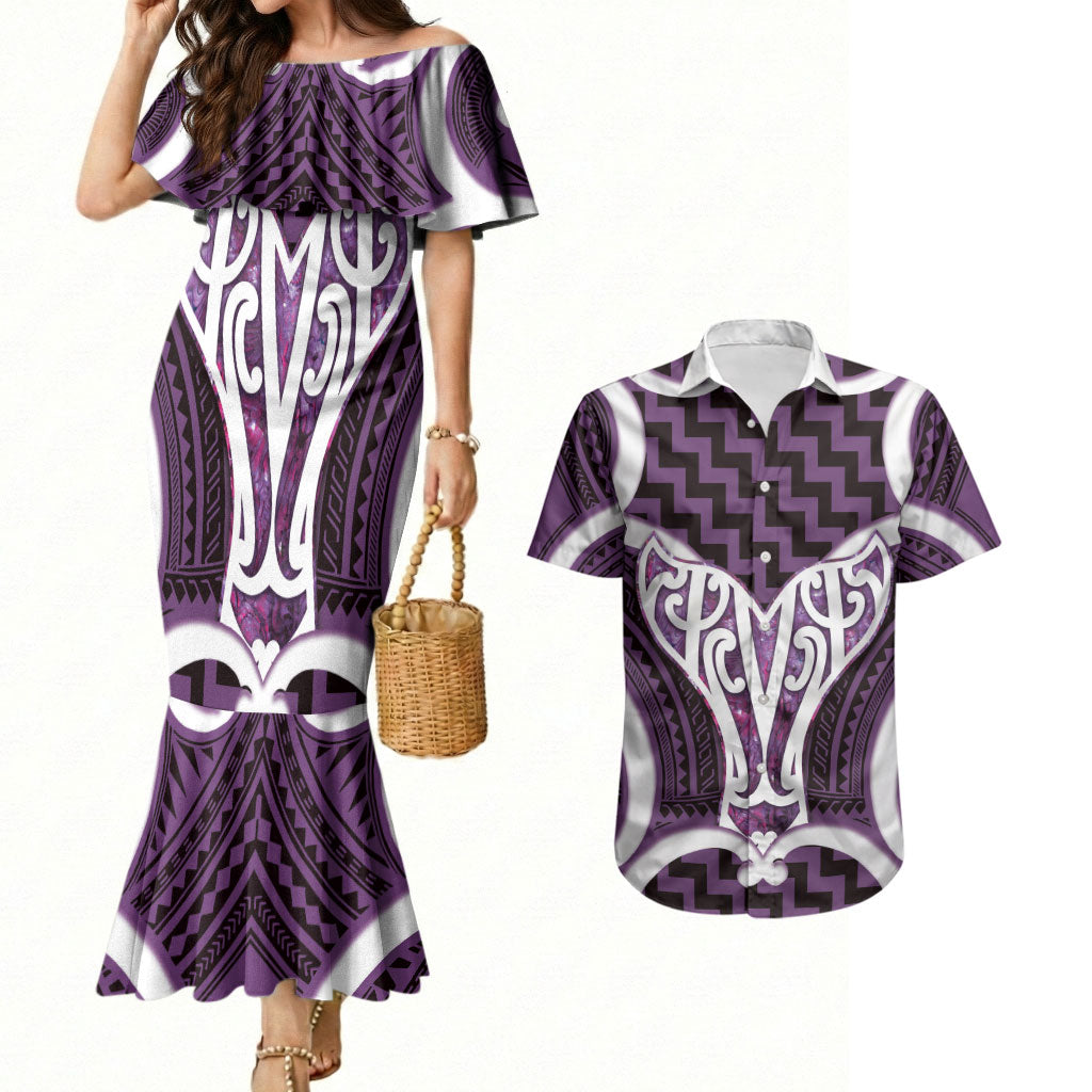 Aotearoa Atua Tangaroa Personalised Couples Matching Mermaid Dress and Hawaiian Shirt God Of The Sea Maori Whale Tail Purple