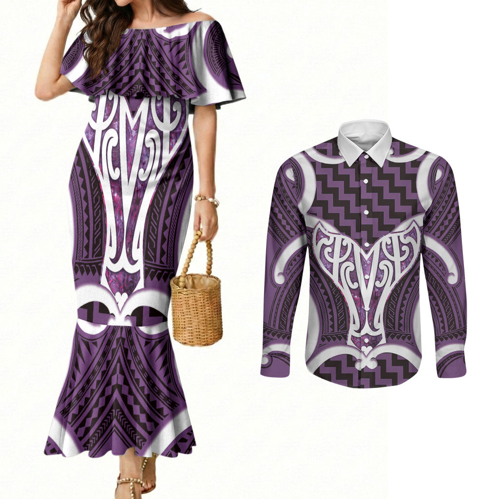 Aotearoa Atua Tangaroa Personalised Couples Matching Mermaid Dress and Long Sleeve Button Shirt God Of The Sea Maori Whale Tail Purple