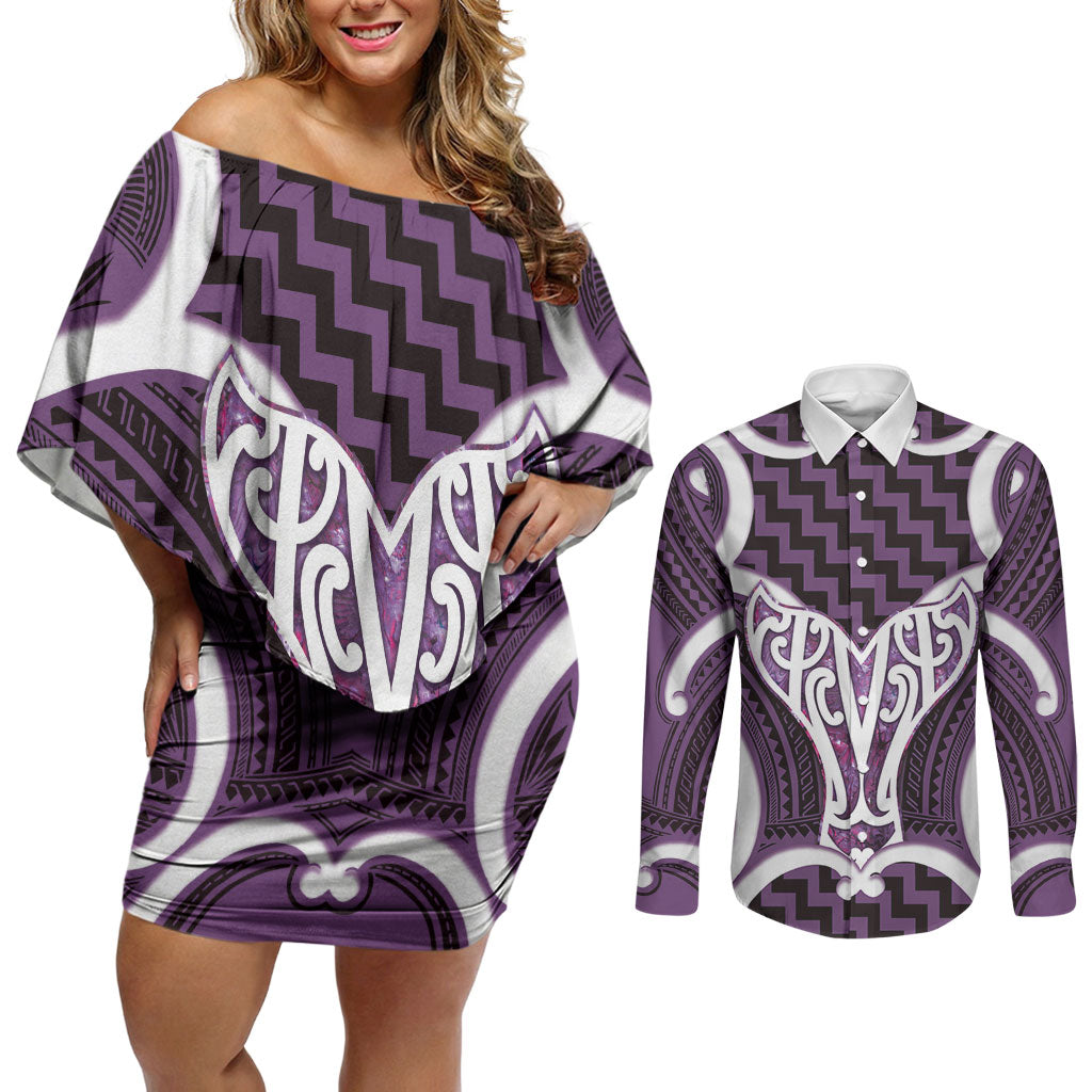 Aotearoa Atua Tangaroa Personalised Couples Matching Off Shoulder Short Dress and Long Sleeve Button Shirt God Of The Sea Maori Whale Tail Purple