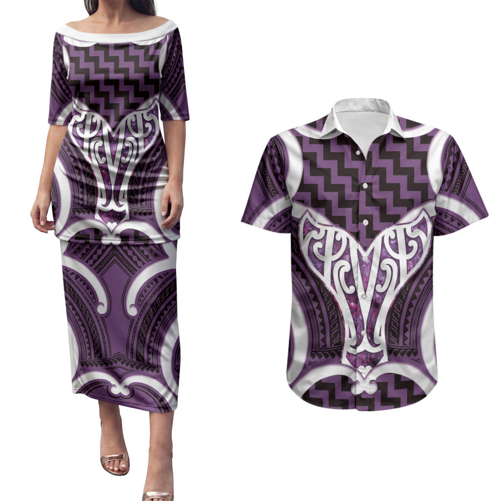 Aotearoa Atua Tangaroa Personalised Couples Matching Puletasi and Hawaiian Shirt God Of The Sea Maori Whale Tail Purple