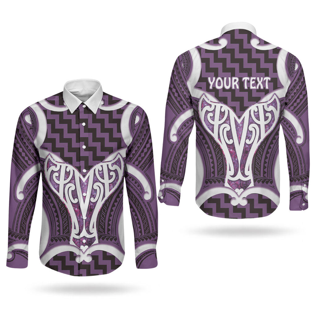 Aotearoa Atua Tangaroa Personalised Couples Matching Puletasi and Long Sleeve Button Shirt God Of The Sea Maori Whale Tail Purple