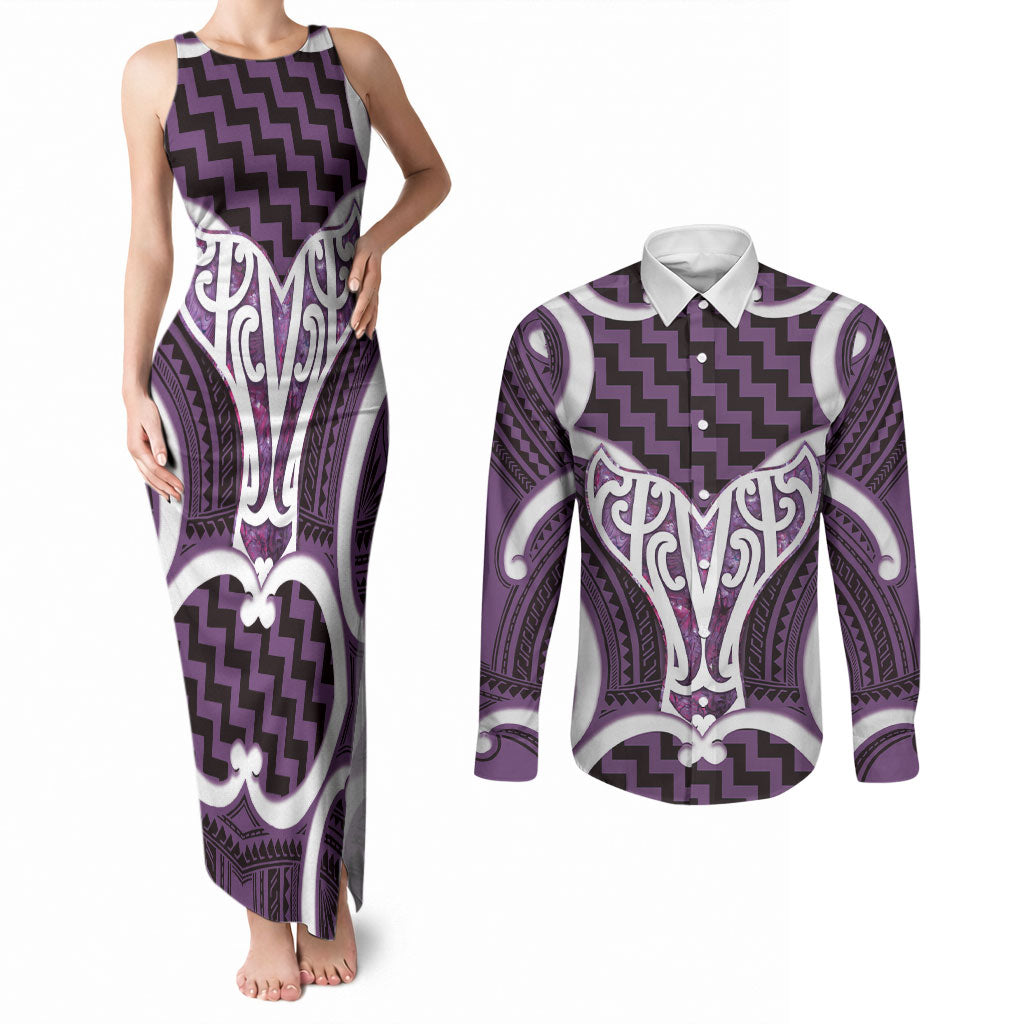 Aotearoa Atua Tangaroa Personalised Couples Matching Tank Maxi Dress and Long Sleeve Button Shirt God Of The Sea Maori Whale Tail Purple