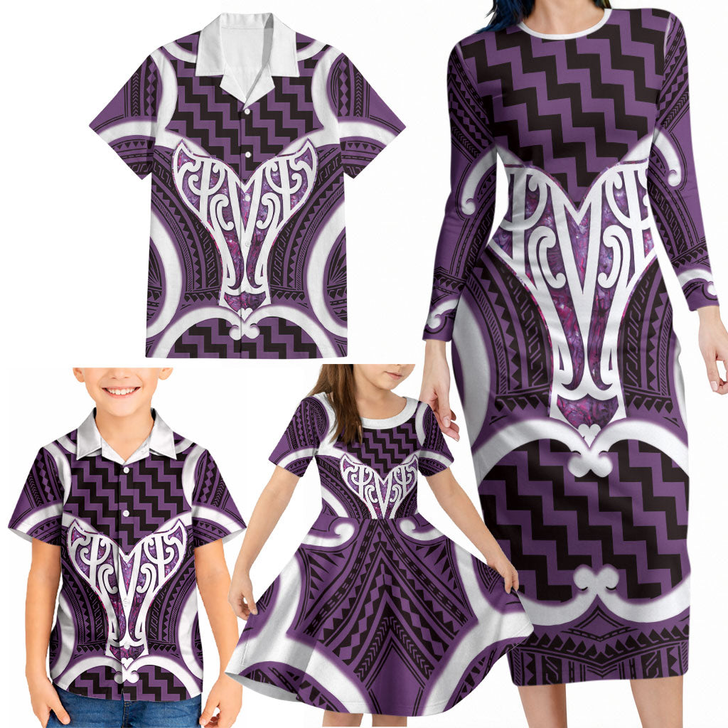 Aotearoa Atua Tangaroa Personalised Family Matching Long Sleeve Bodycon Dress and Hawaiian Shirt God Of The Sea Maori Whale Tail Purple