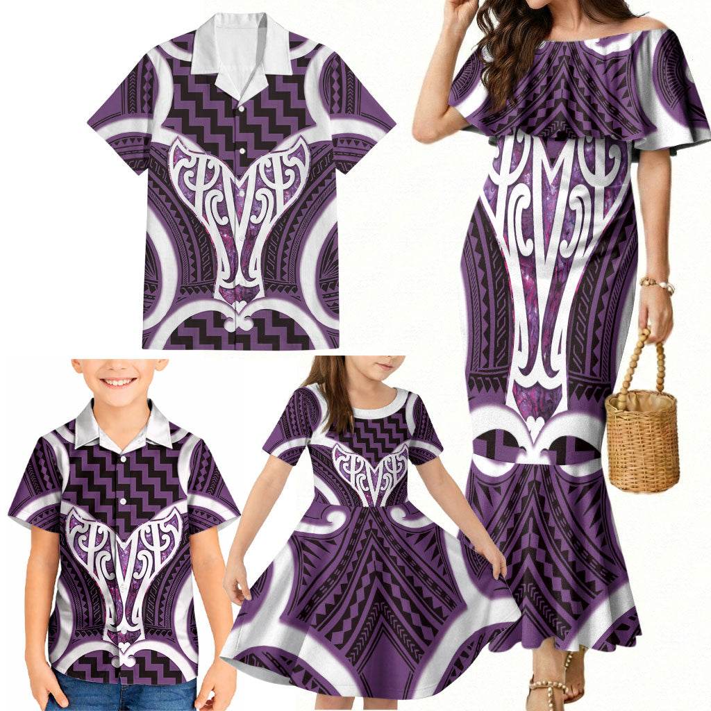 Aotearoa Atua Tangaroa Personalised Family Matching Mermaid Dress and Hawaiian Shirt God Of The Sea Maori Whale Tail Purple