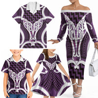 Aotearoa Atua Tangaroa Personalised Family Matching Off The Shoulder Long Sleeve Dress and Hawaiian Shirt God Of The Sea Maori Whale Tail Purple