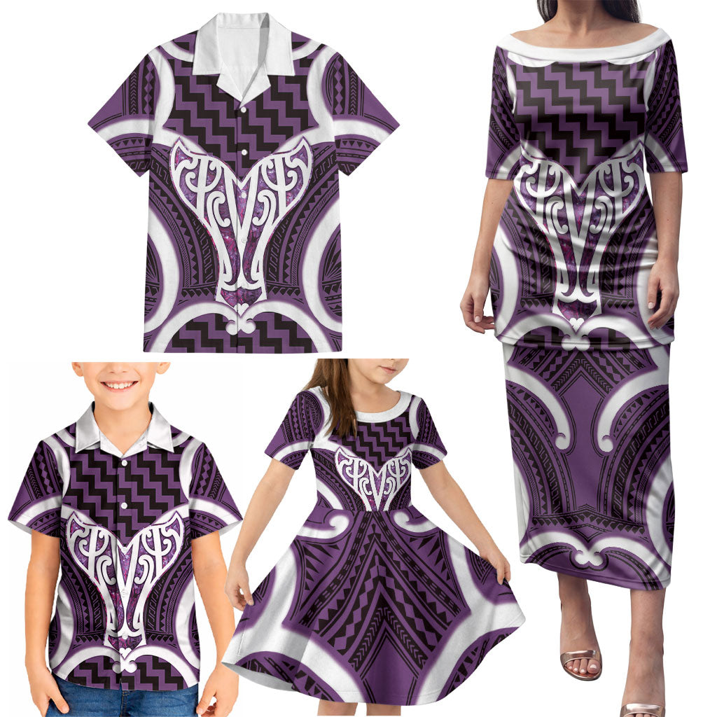 Aotearoa Atua Tangaroa Personalised Family Matching Puletasi and Hawaiian Shirt God Of The Sea Maori Whale Tail Purple