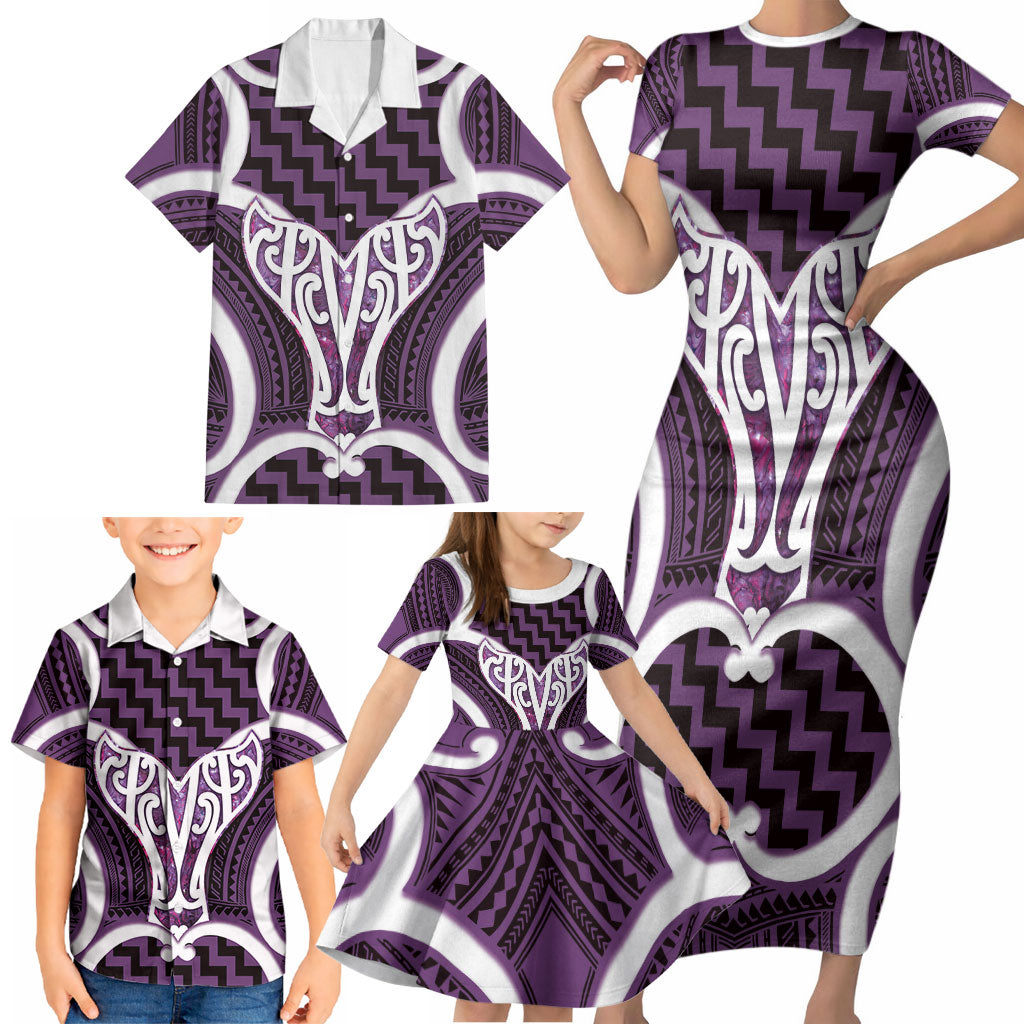 Aotearoa Atua Tangaroa Personalised Family Matching Short Sleeve Bodycon Dress and Hawaiian Shirt God Of The Sea Maori Whale Tail Purple