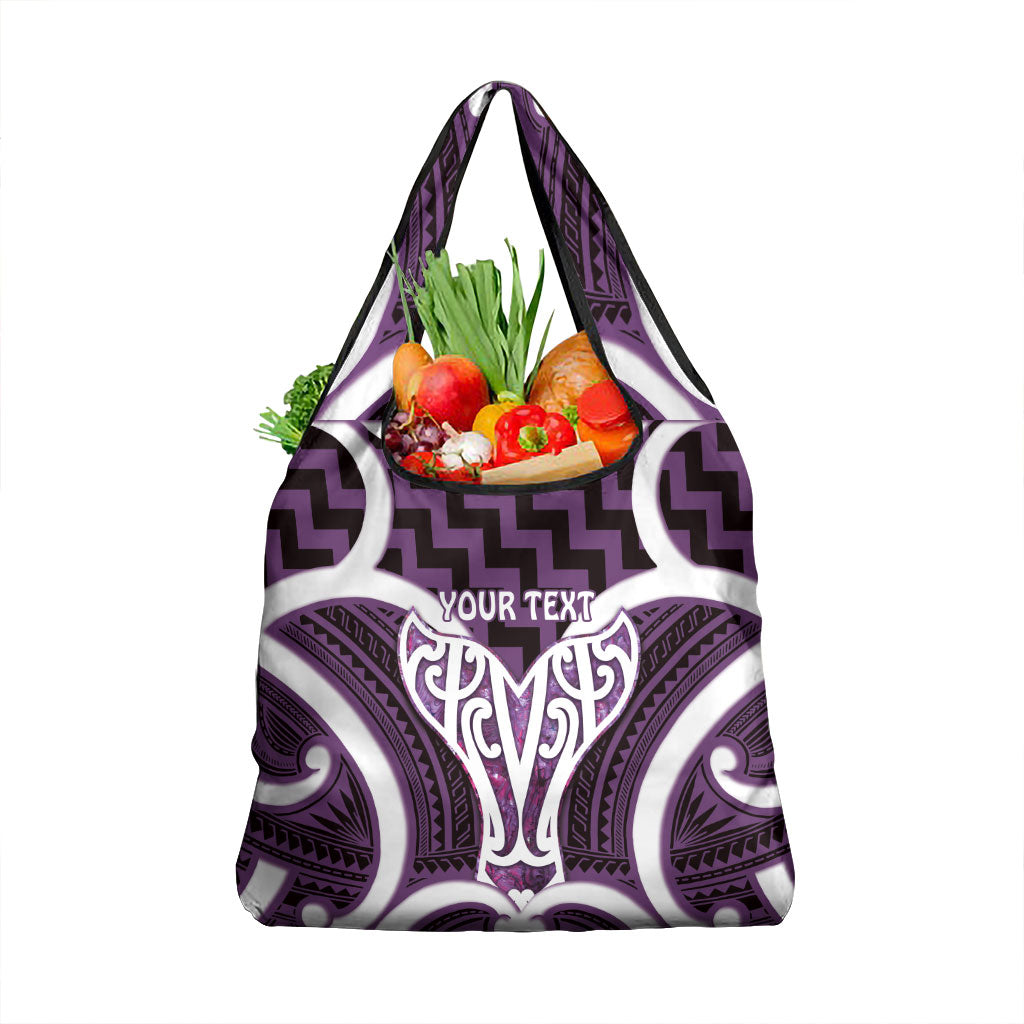 Aotearoa Atua Tangaroa Personalised Grocery Bag God Of The Sea Maori Whale Tail Purple