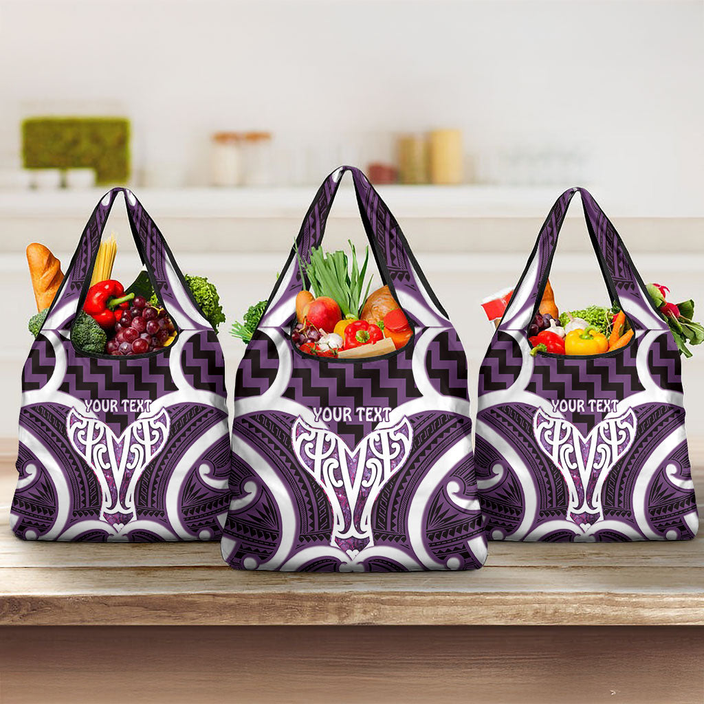 Aotearoa Atua Tangaroa Personalised Grocery Bag God Of The Sea Maori Whale Tail Purple