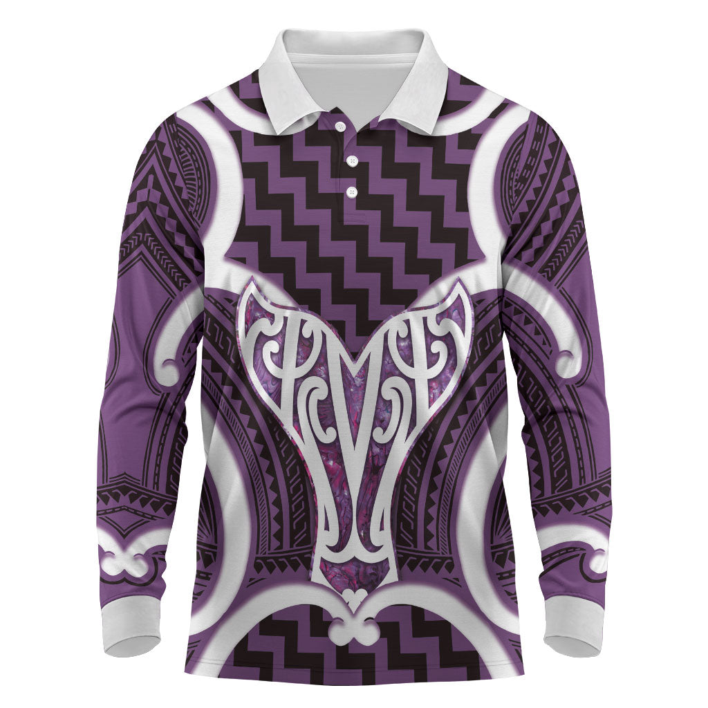 Aotearoa Atua Tangaroa Personalised Long Sleeve Polo Shirt God Of The Sea Maori Whale Tail Purple
