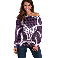 Aotearoa Atua Tangaroa Personalised Off Shoulder Sweater God Of The Sea Maori Whale Tail Purple